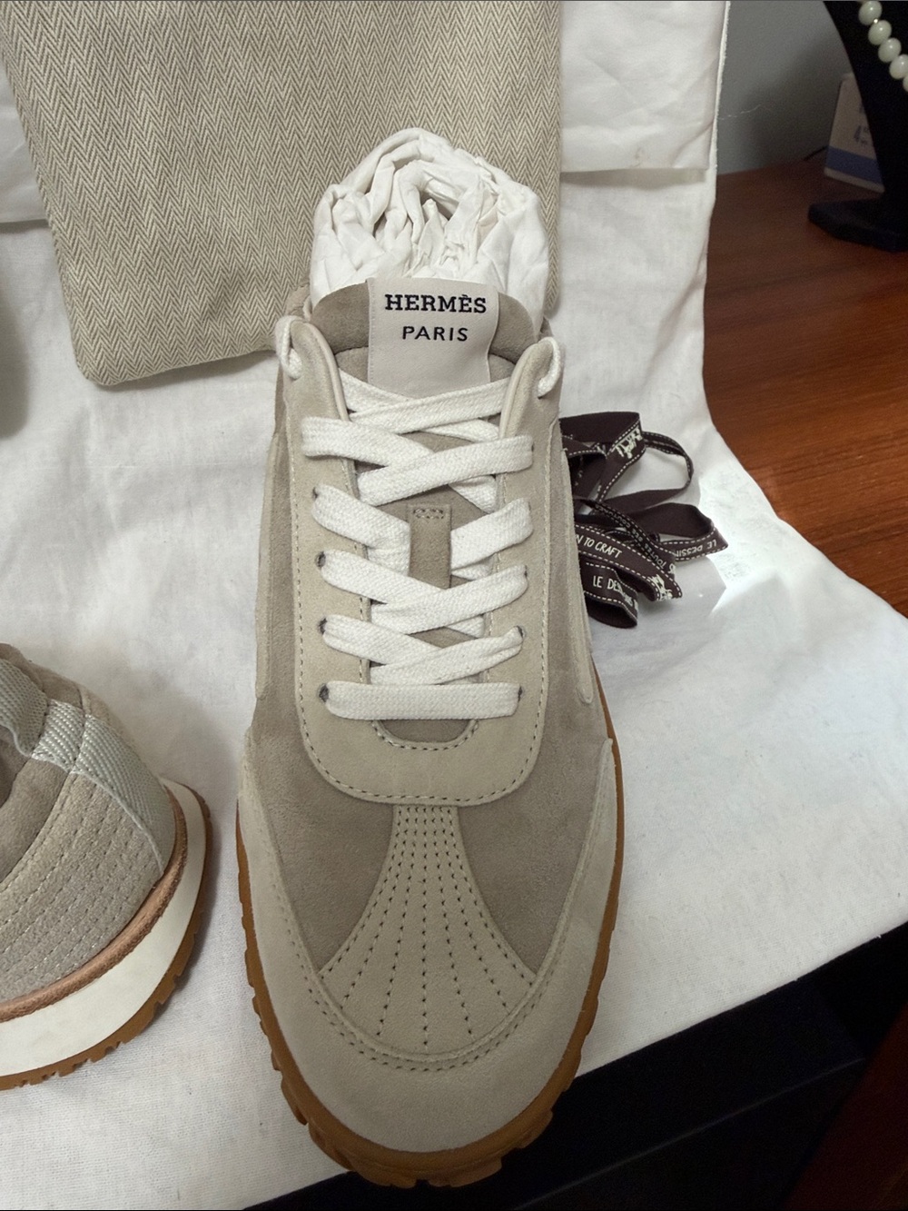 Hermes Beige and Gum Sole Suede Lace-Up Sneakers - Picture 7 of 10